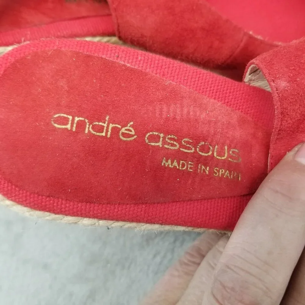 Andre Assous Shoes Womens Size 8.5 Red Leather Peep Toe Espadrille Slingback - Picture 10 of 11